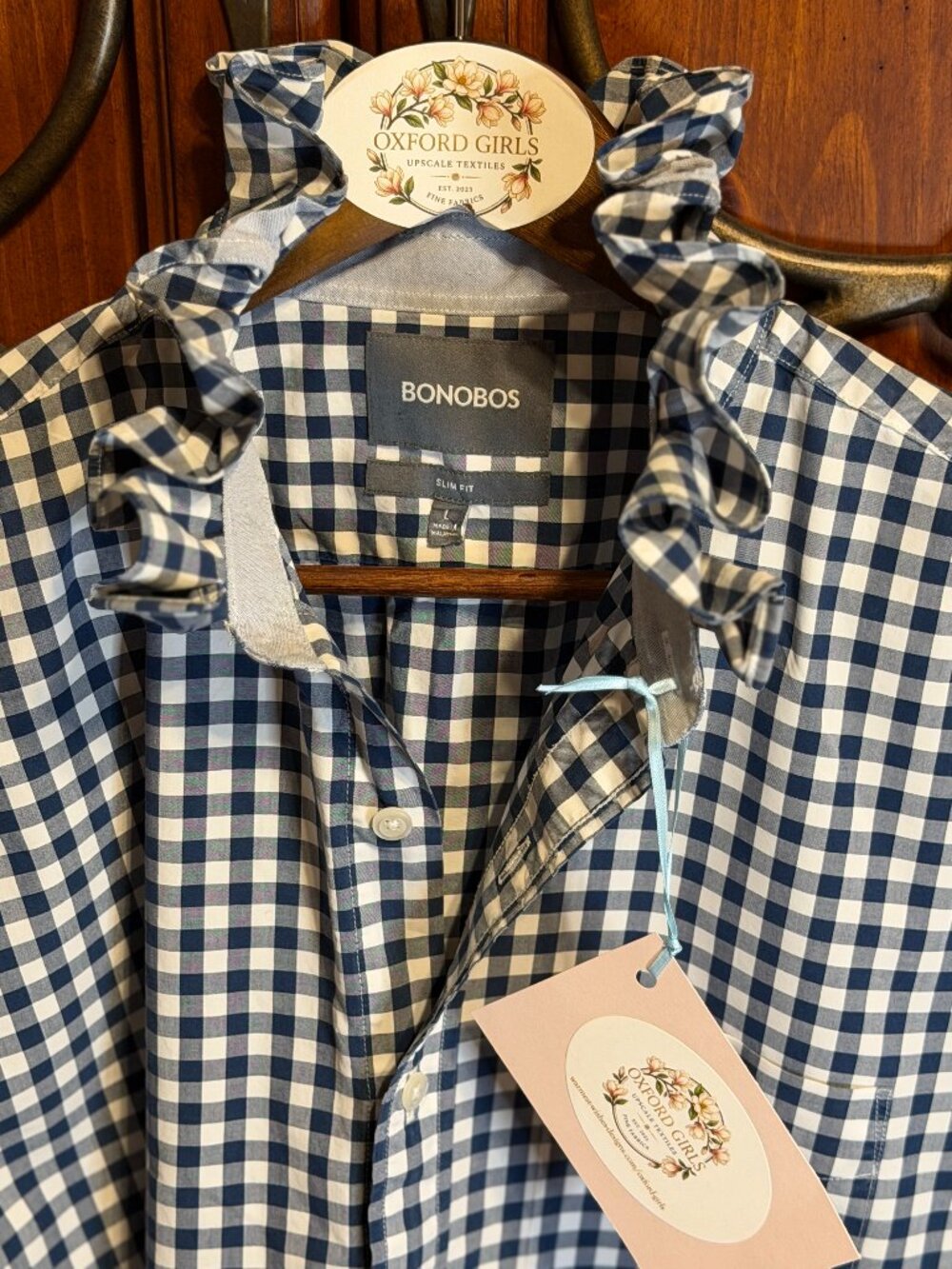 Upcycled/Bonobos blue & white gingham/Hand reworked ruffle collar / Womens L